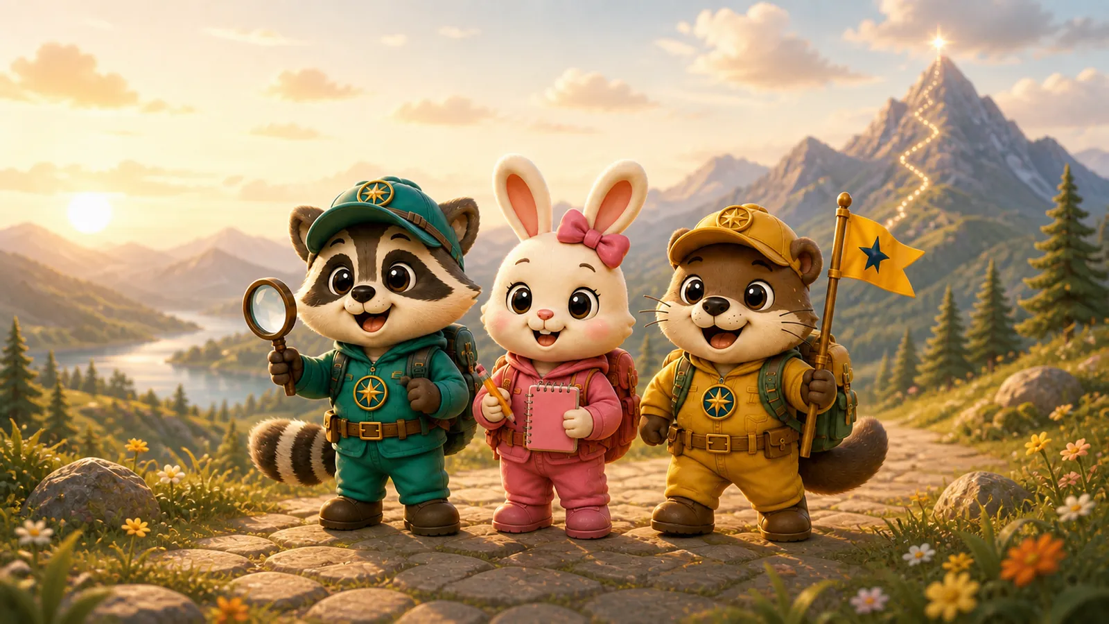 Little CEO 的三位夥伴 Riko、Luno、Tata 站在通往北極星的山路上